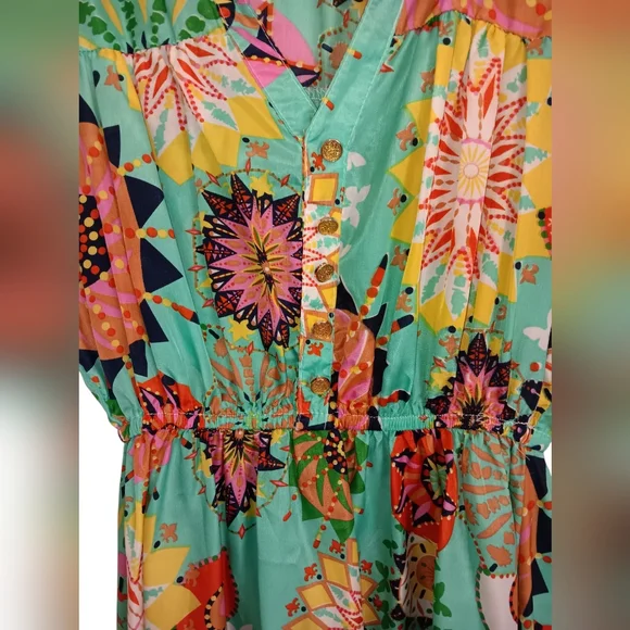 Joy & Co. Sleeveless Mini Dress, Aqua with Multi-Color Print, sz L, EUC! - Picture 4 of 10